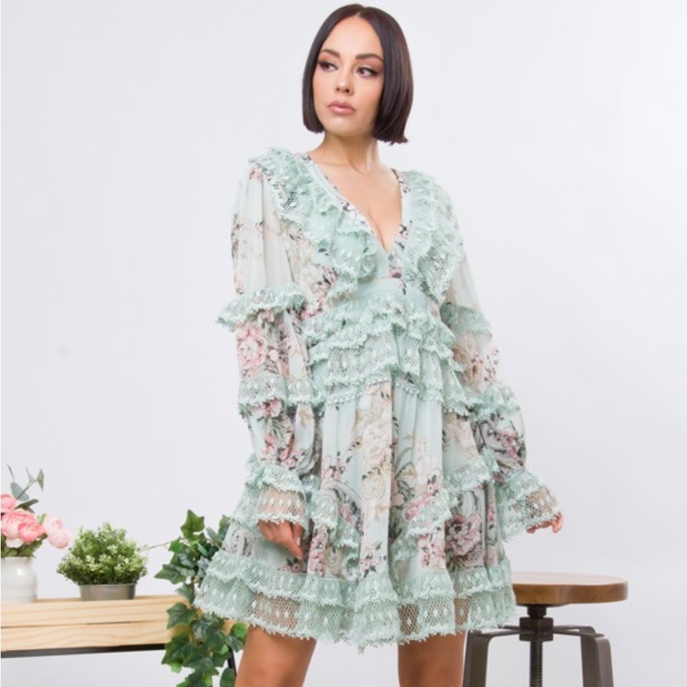 Mint Floral Lace Trim Mini Dress NEW